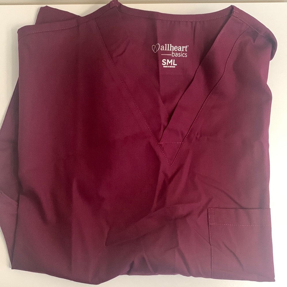 Maroon/red Allheart scrub top